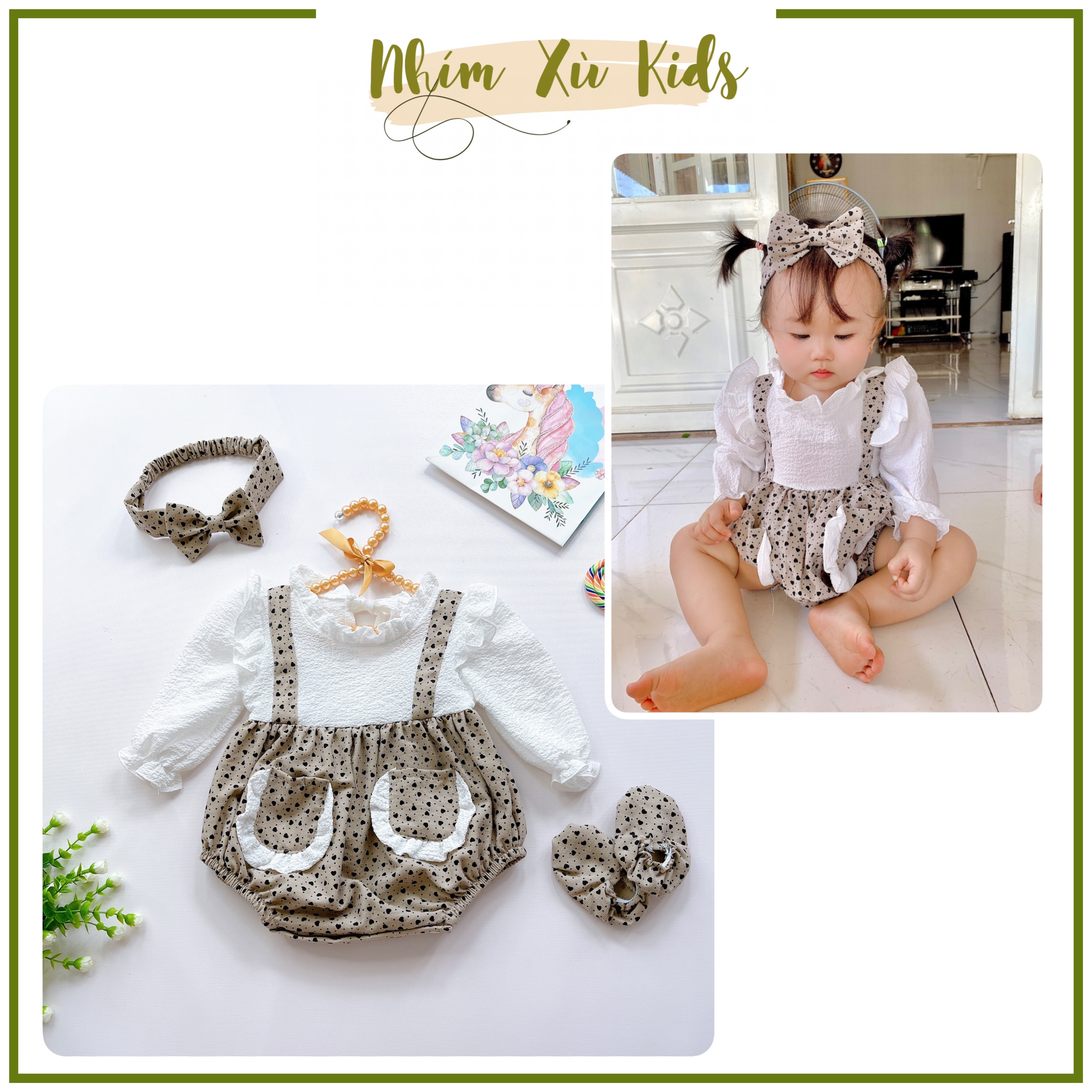 Body Tim Đen Màu Be Phối Cổ Trắng Cho Bé Gái 3-12kg Chất Đũi Xốp Phối Cà Bông
