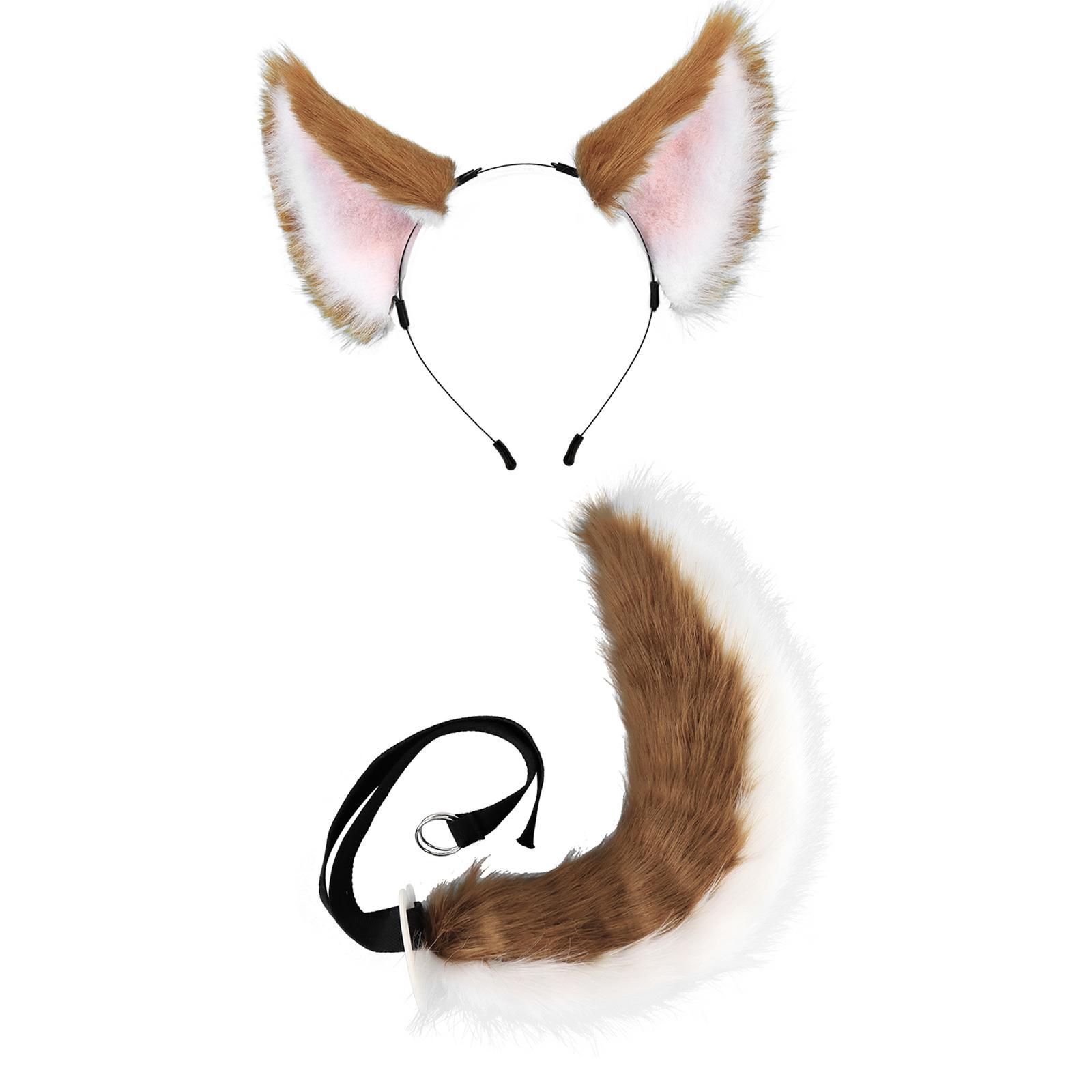 Ears and Long Tail Set Hair Hoop Cosplay Cat Ear Plush Wolf Ears Handmade Headdress Headwear for Performance Christmas Prom Party Adults