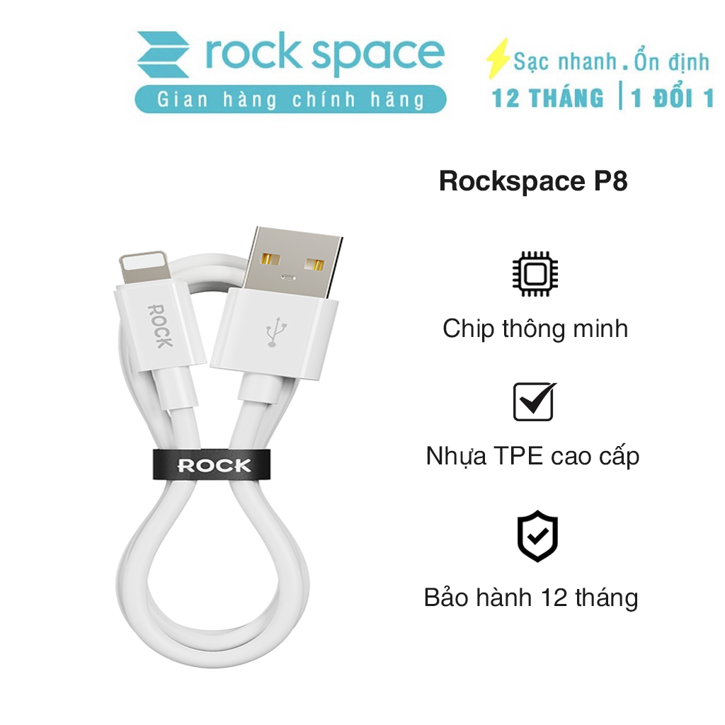 Dây cáp sạc nhanh cho ip Rockspace P8 độ dài 1m sạc nhanh ổn định không nóng máy - Hàng chính hãng bảo hành 12 tháng