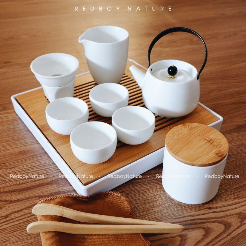 Bộ ấm trà gốm cao cấp màu trắng