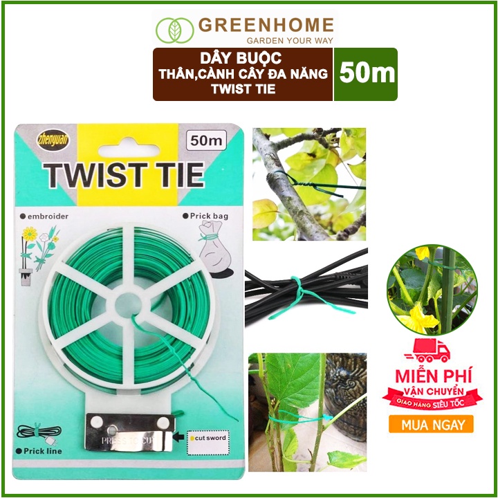 Dây Buộc Cành GreenHome, Dài 50m, Kẽm Bọc Nhựa, Tích Hợp Đầu Cắt Tiện Lợi, Cố Định Thân Cây, Làm Giàn Leo