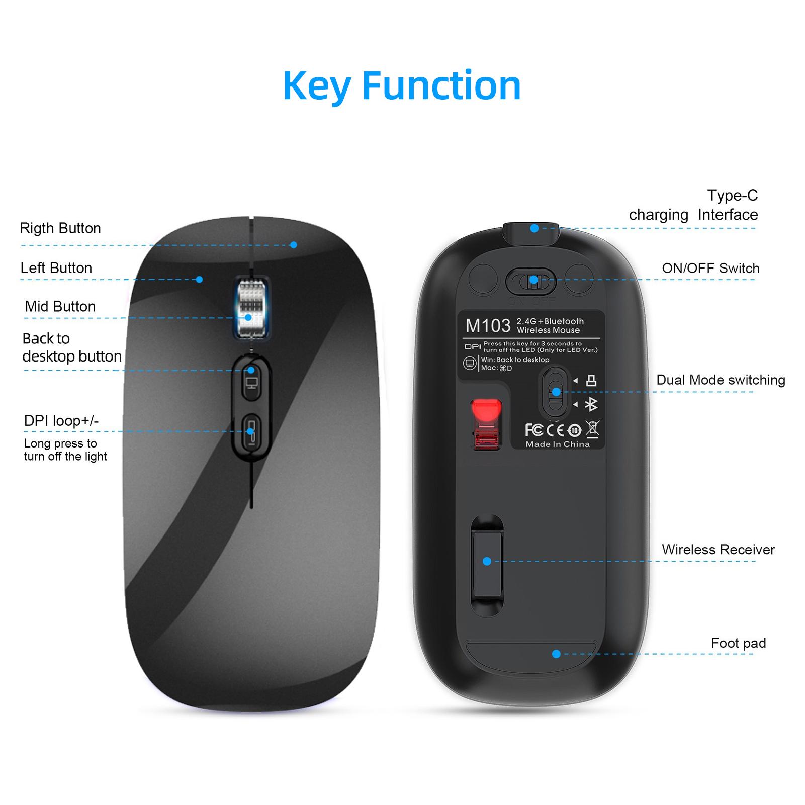 M103 2.4G+BT5.1 Chuột không dây hai chế độ Chuột văn phòng công thái học 3 bánh răng có thể điều chỉnh DPI tích hợp Pin Lithium 500mAh màu bạc