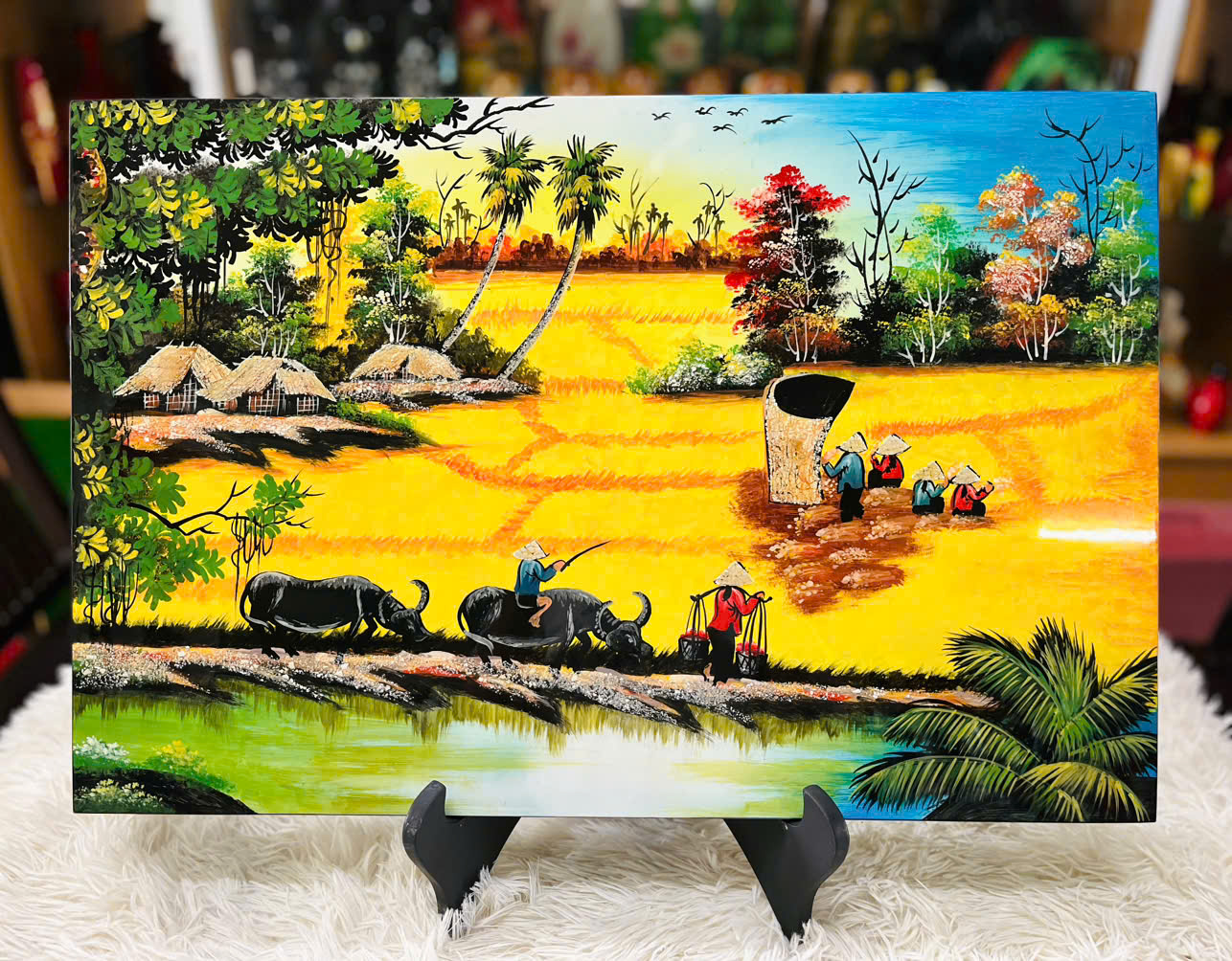 Tranh sơn mài đồng quê vẽ màu Thanh Bình Lê 40x60 cm