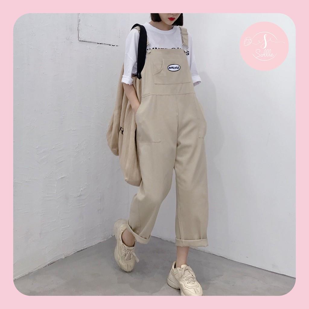 Quần yếm kaki basic dáng suông Unisex, yếm 2 dây thêu chữ phong cách Hàn Quốc