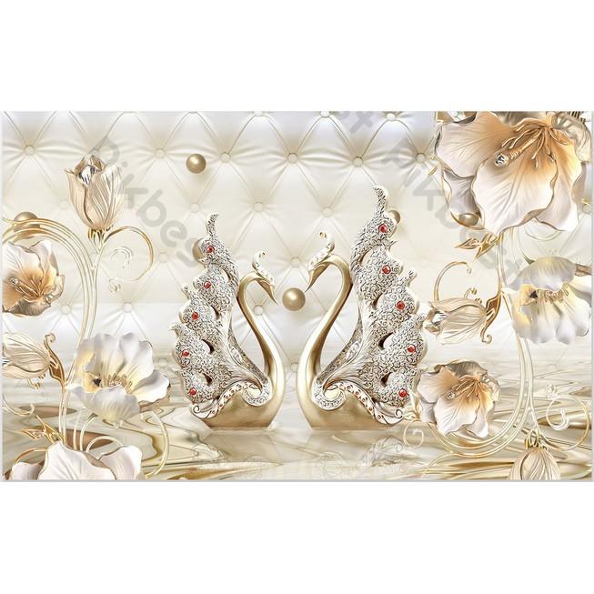 Tranh dán tường Hoa tulip cùng đôi thiên nga kim cương trang sức 3d trang trí phòng hiện đại MS1135855