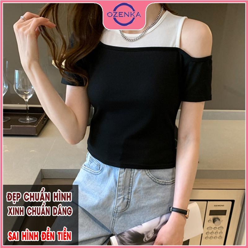 Áo croptop trễ vai cộc tay nữ OZENKA , crt ôm body thun gân 100% cotton đẹp màu đen trắng