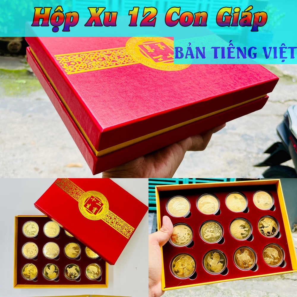 Bộ Quà Tặng Hộp Xu 12 Con Giáp Phong Thuỷ May Mắn, chiêu tài chiêu lộc - Bản Tiếng Việt, Tiền lì xì tết 2023 , NELI