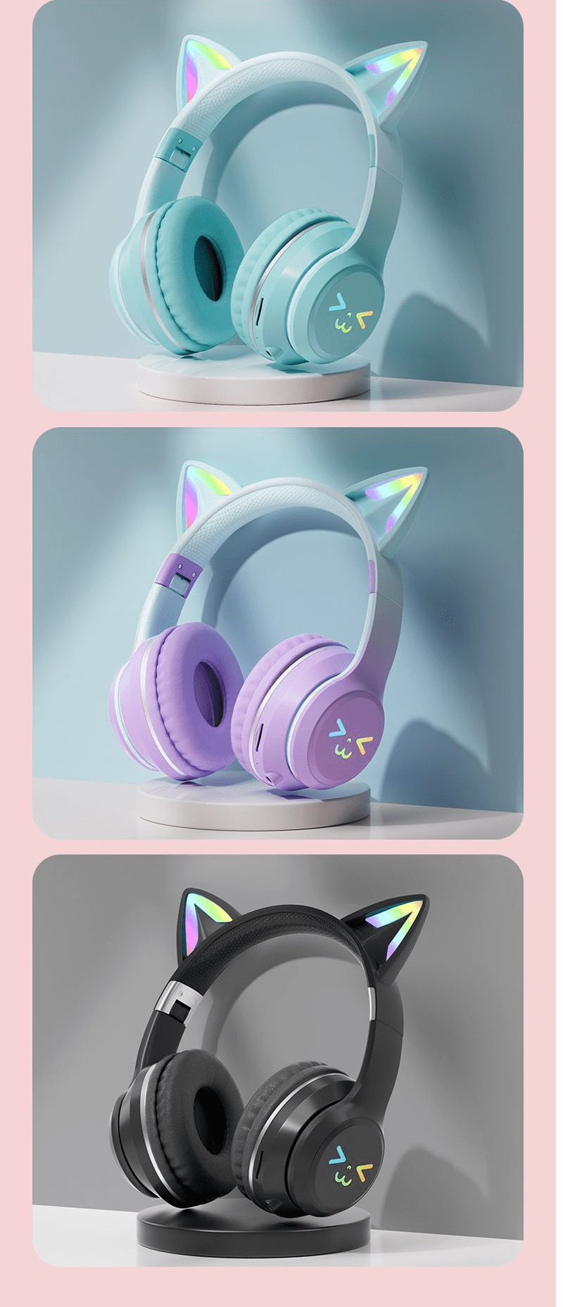 Tai nghe chụp tai BT612 kết nối bằng Bluetooth với thiết kế tai mèo dễ thương có thể gấp gọn tiện lợi kèm theo đèn led RGB - HN