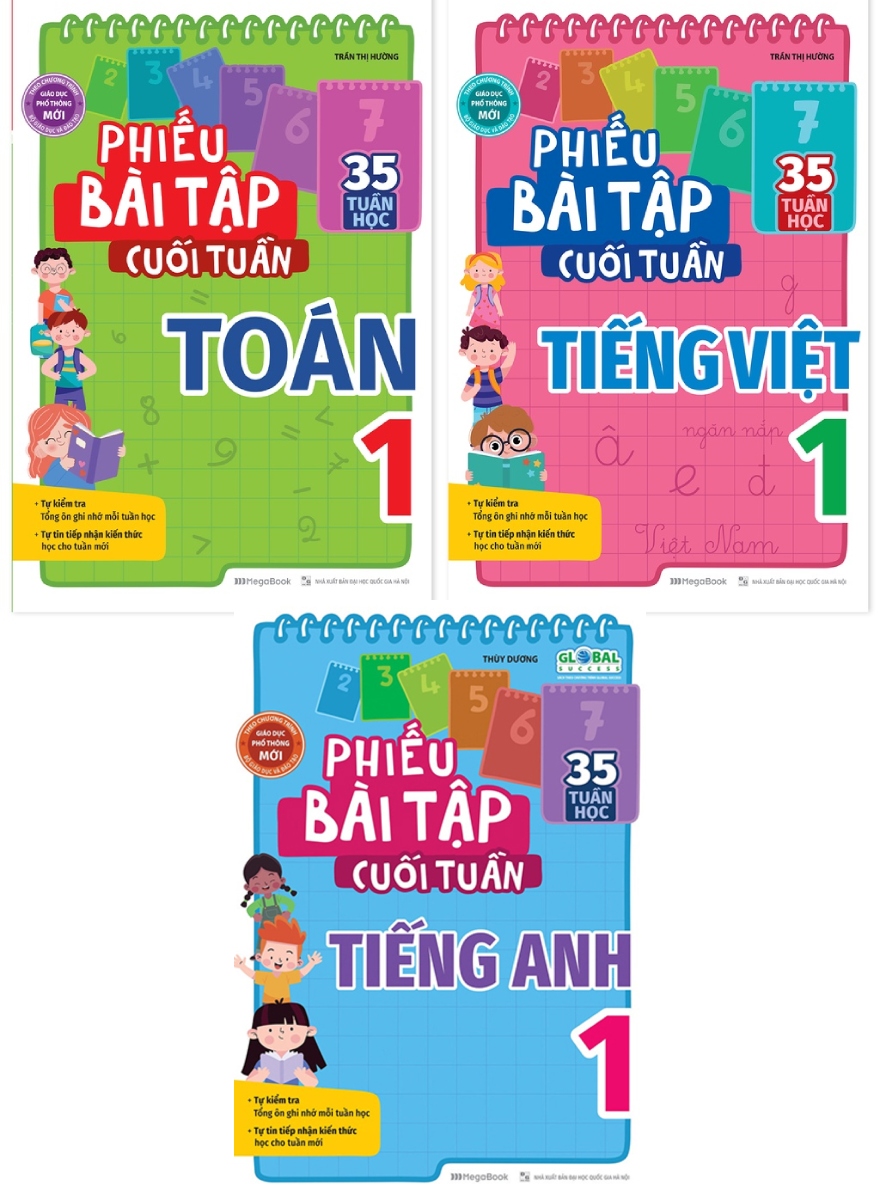 Combo Phiếu Bài Tập Cuối Tuần Toán + Tiếng Việt + Tiếng Anh Lớp 1 (35 Tuần Học) (Bộ 3 Cuốn) - MEGA