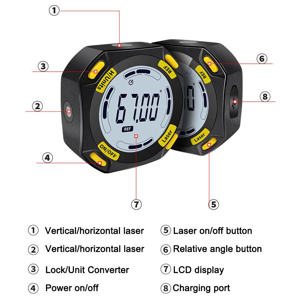5-Sided Strong Magnetic Inclinator Digital Level and Angle Finder Versatile 4 * 90° Inclinometer LCD Display Dipmeter Gauge 4 Unit Switchable with Two Laser Lines