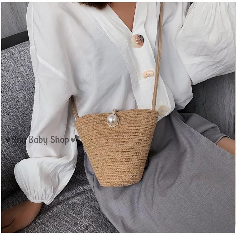 Túi xách nữ đeo chéo đan sợi tổng hợp khóa ngọc bản to cực sang 2 màu có sẵn