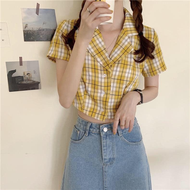 (ảnh thật) áo croptop kẻ caro phong cách hàn quốc