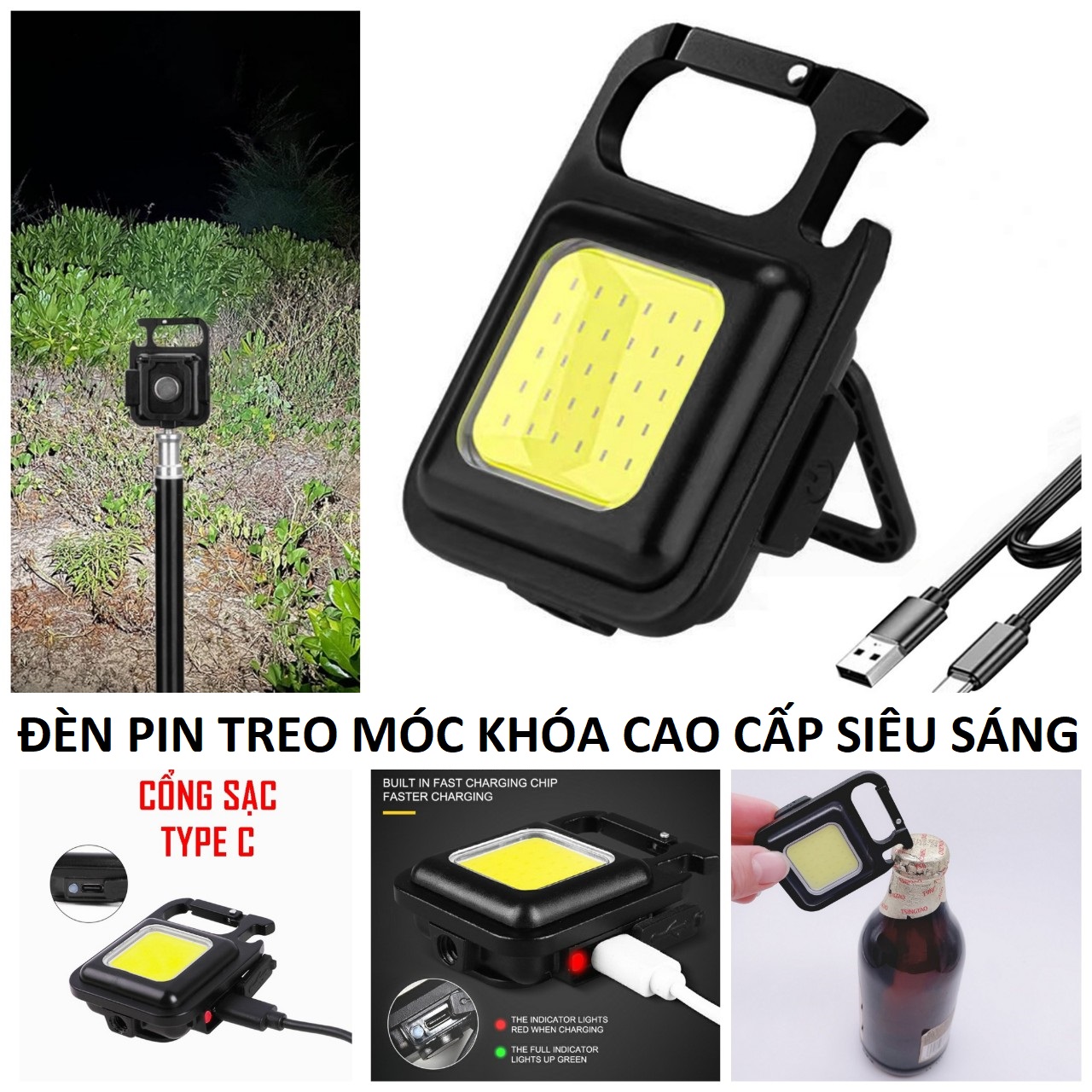 Đèn pin siêu sáng đeo móc khóa đa năng sạc usb tiện dụng bản cao cấp chống nước, đèn led mini COB 800 Lumens