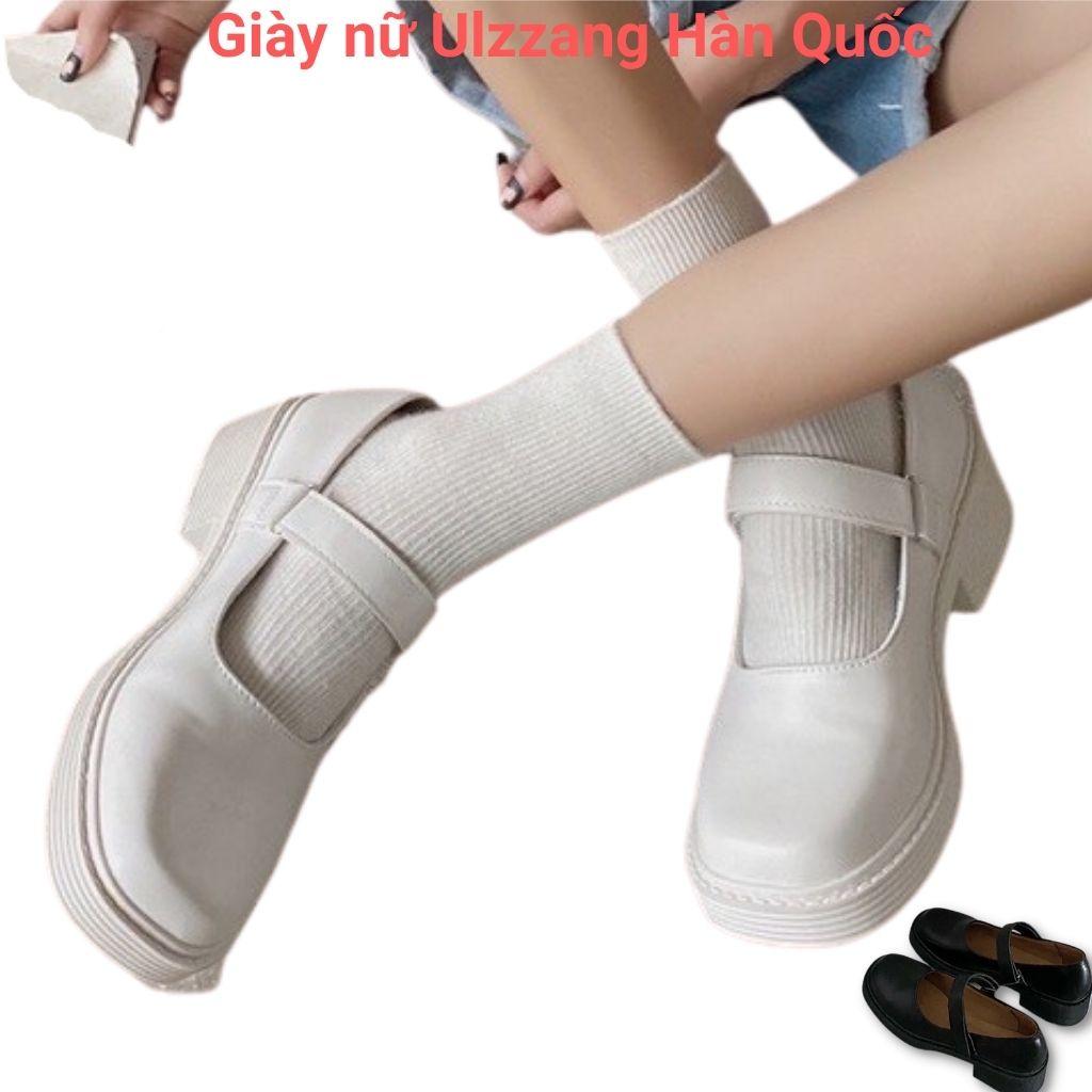 Giày Mary Jane gót vuông QUAI DÁN 2 màu đen trắng