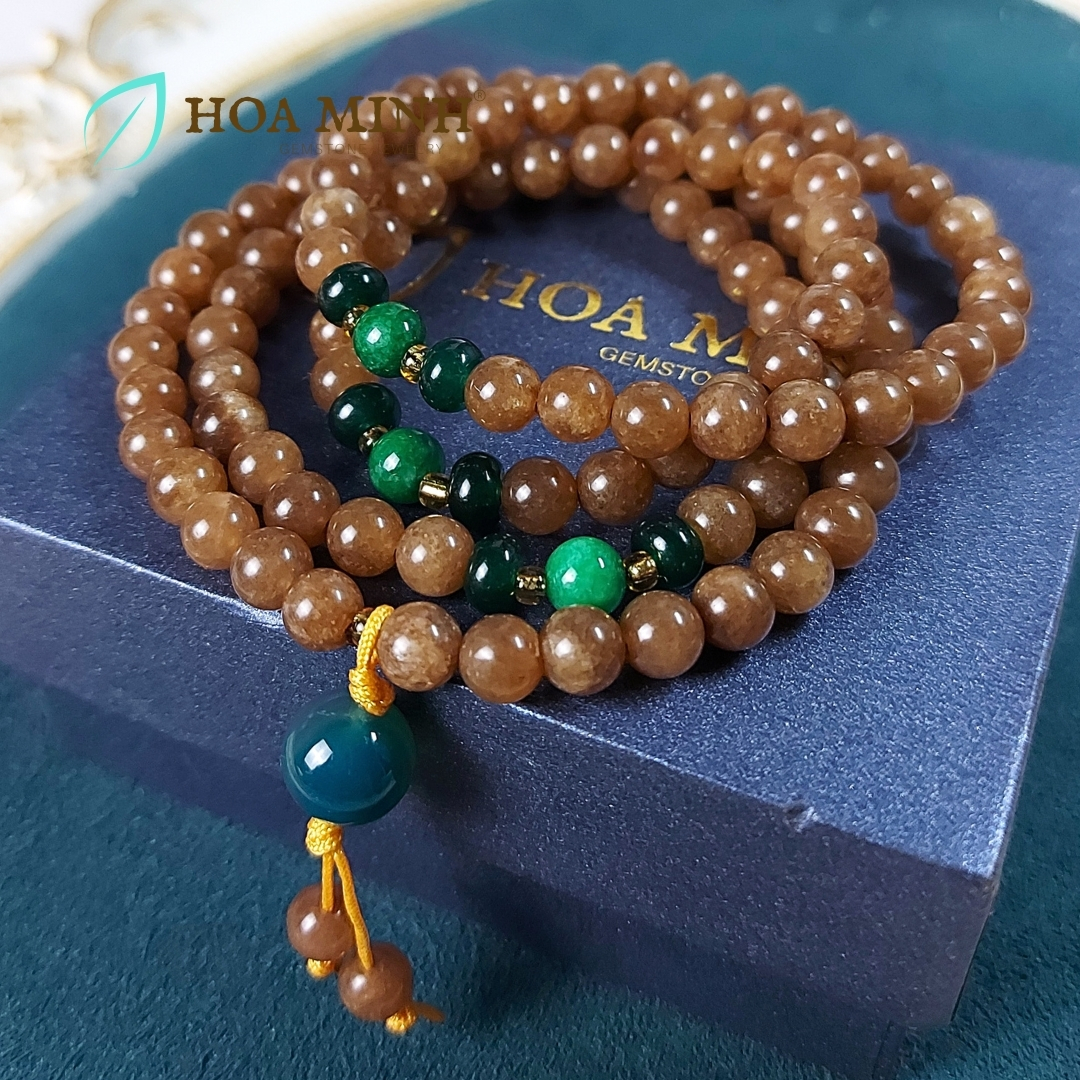 Vòng tay chuỗi 108 hạt đá Mã Não màu nâu ngọc hoà điền size 6.5 li phối bánh xe mã não, cẩm thạch sơn thủy, tài lộc bình an