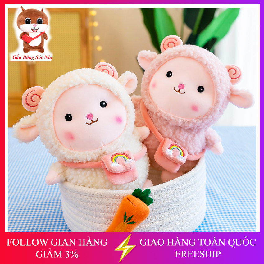 Gấu bông cừu lông xù đeo túi 3 màu, quà tặng thú nhồi bông dễ thương cho bé