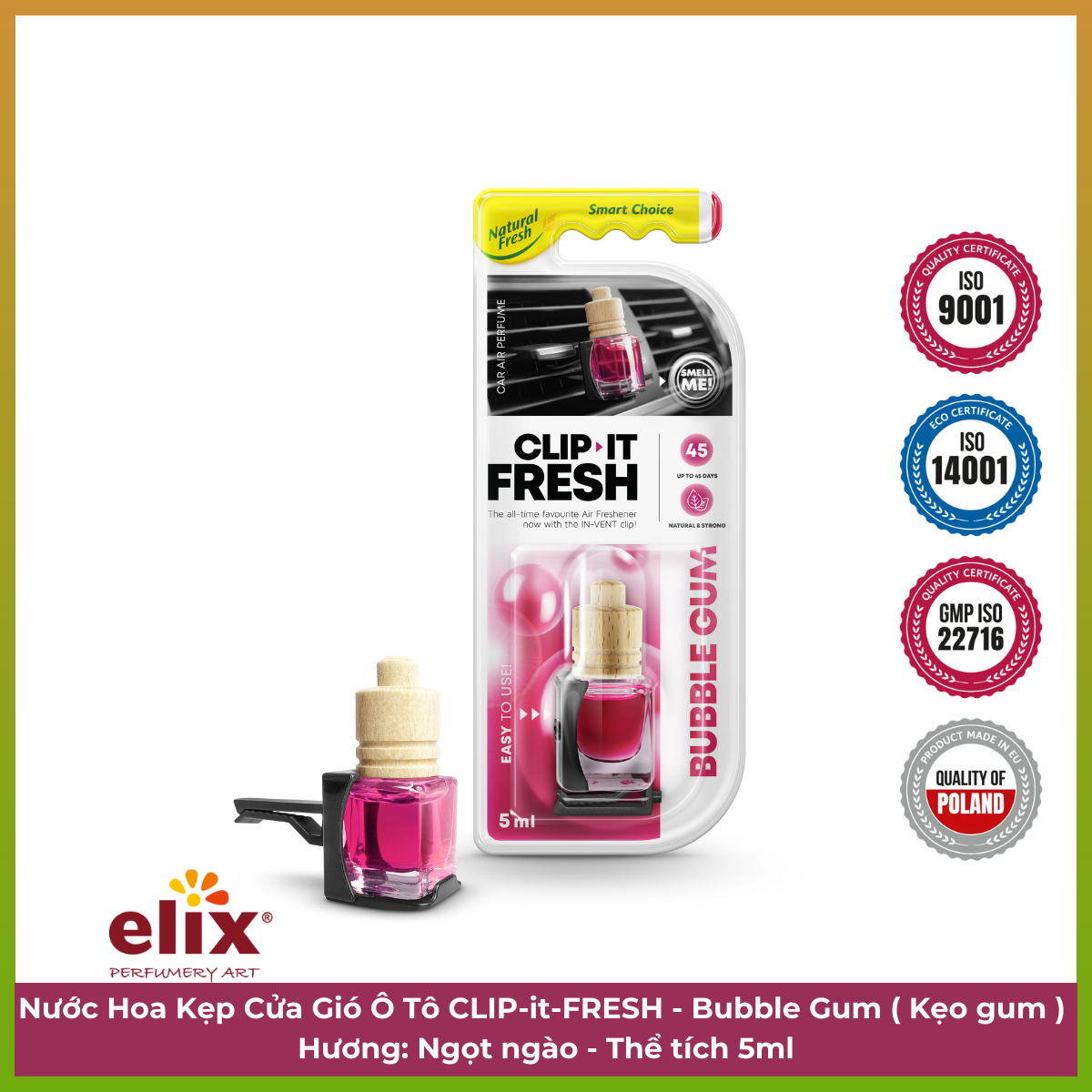 Nước hoa kẹp cửa gió ELIX - Clip it Fresh - Hương Bubble Gum (Kẹo gum)