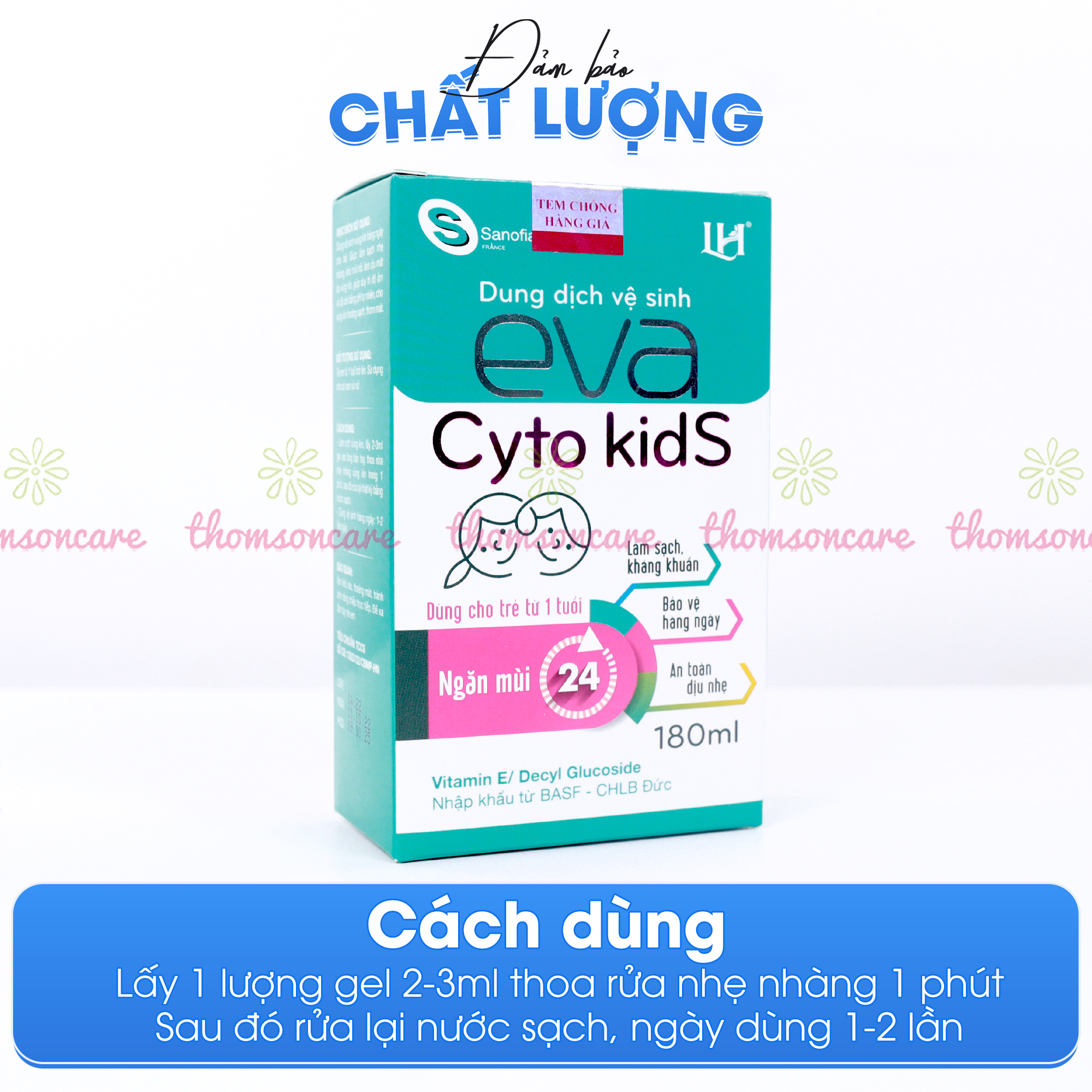 Dung dịch vệ sinh cho bé Eva Cyto Kids, giúp khử mùi, làm sạch, làm dịu mát da từ tinh chất trầu không - Chai 180ml Thomsoncare