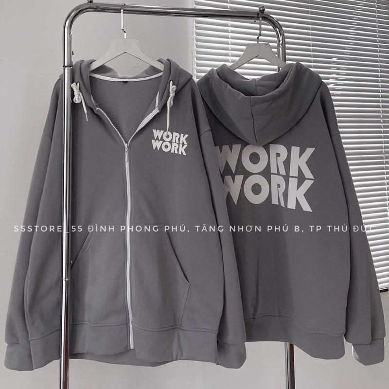 Áo khoác nỉ bông WORK màu xám form rộng unisex nam nữ