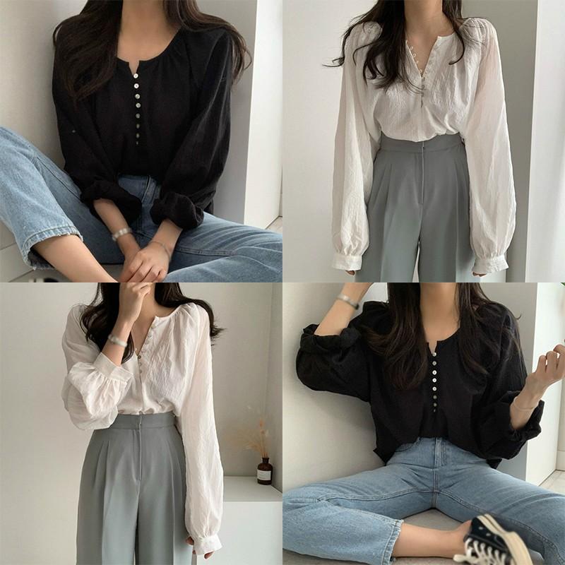 Áo sơ mi dáng rộng tay dài màu trơn phong cách đơn giản