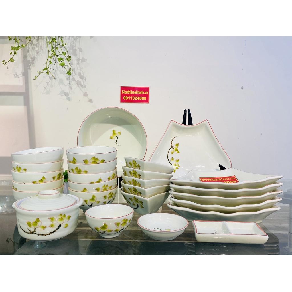 Set đồ ăn men kem vẽ sen xuất xứ Bát Tràng