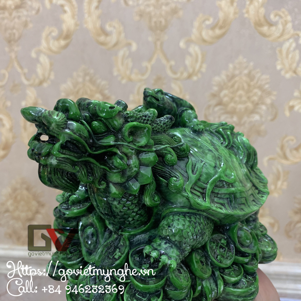 Tượng đá long quy _ Rùa đầu rồng trang trí phong thủy - Long quy cõng rùa con - Dài 20cm - Xanh Lục Bích