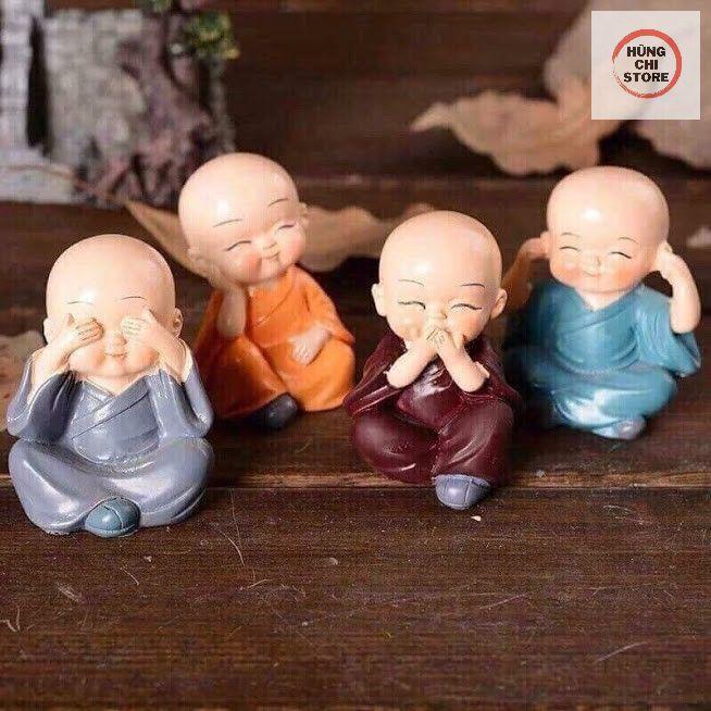 Bộ 4 tượng chú tiểu bốn hòa thượng tứ không mini để ô tô bàn làm việc đẹp bằng sứ an lạc