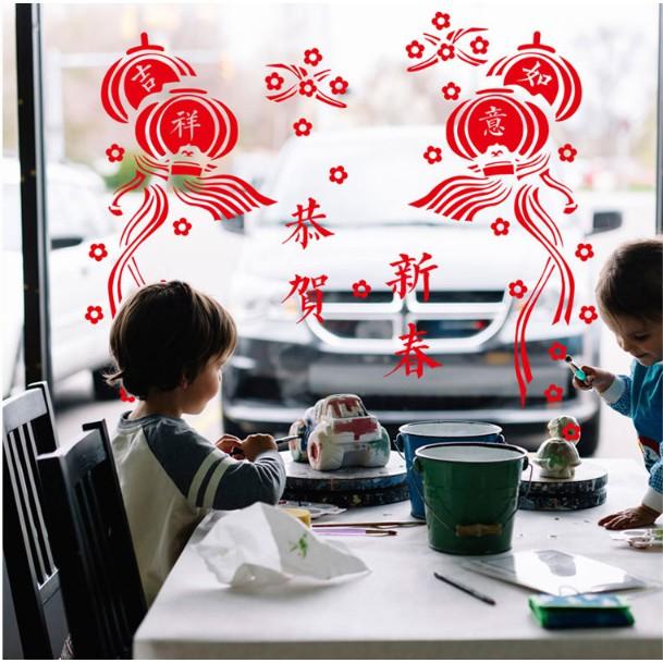 Decal trang trí tết - Lồng đèn cặp dây leo đáng yêu