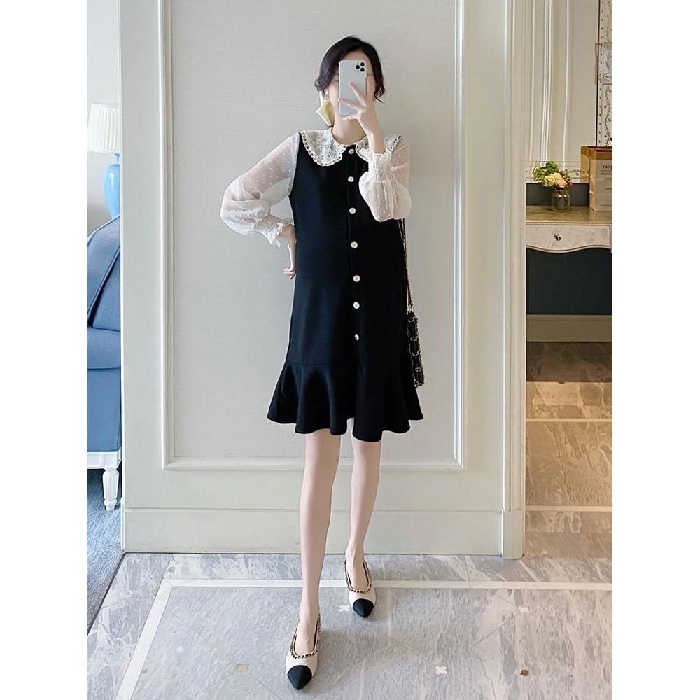 Váy bầu thiết kế - đầm bầu công sở cổ bèo ren đuôi cá tay ruồi có size tới 100kg HD11 - Xiimom