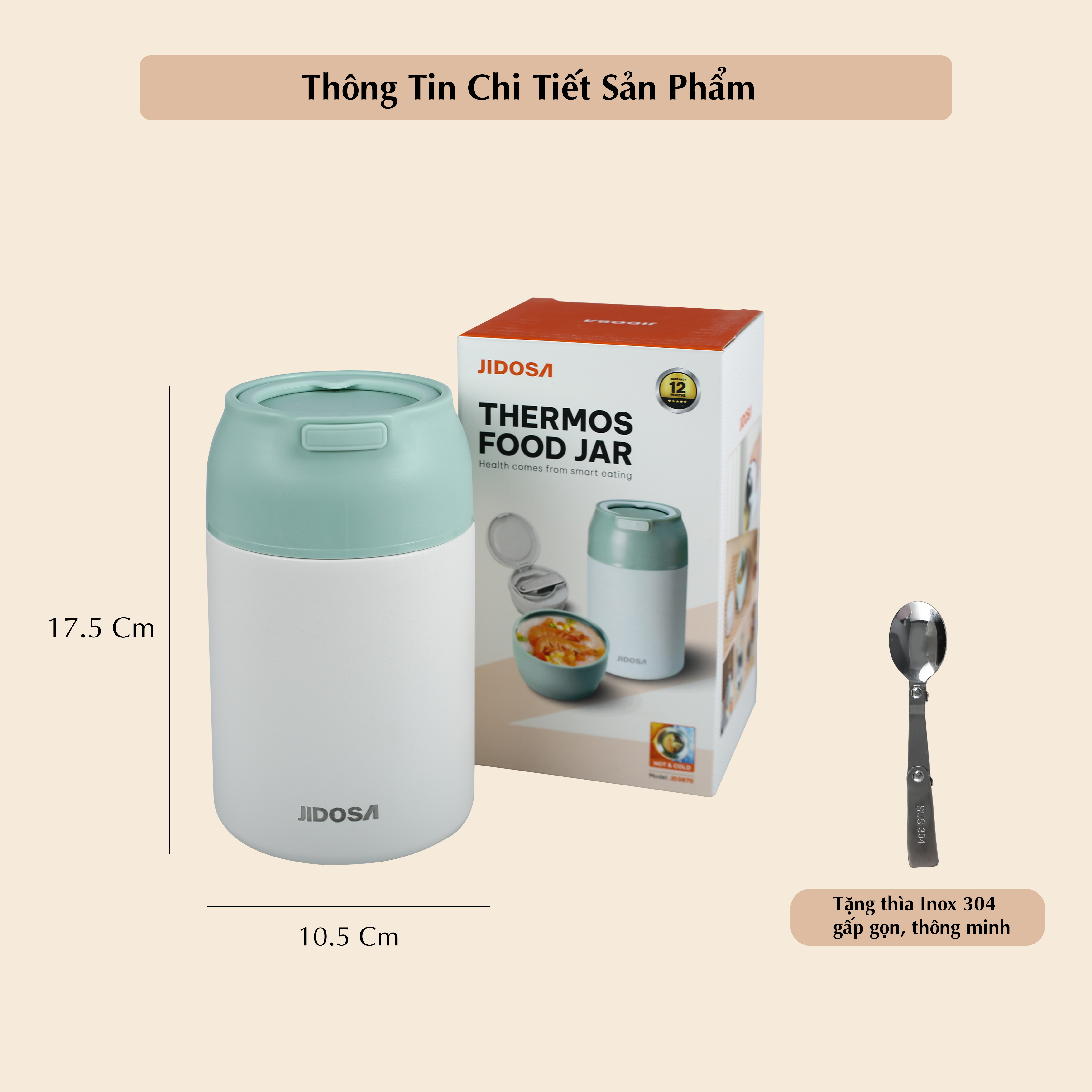 Bình Ủ Cháo Inox 316 JIDOSA JD3870 Hộp Giữ Nhiệt Lâu Dung Tích 850ml Tặng Kèm Muỗng Gấp Gọn Tiện Lợi