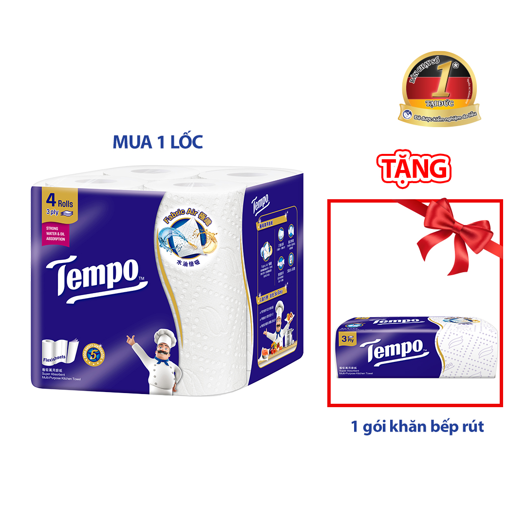 Lốc Khăn giấy bếp đa năng siêu thấm Tempo (4 Cuộn) - Thương Hiệu Đức