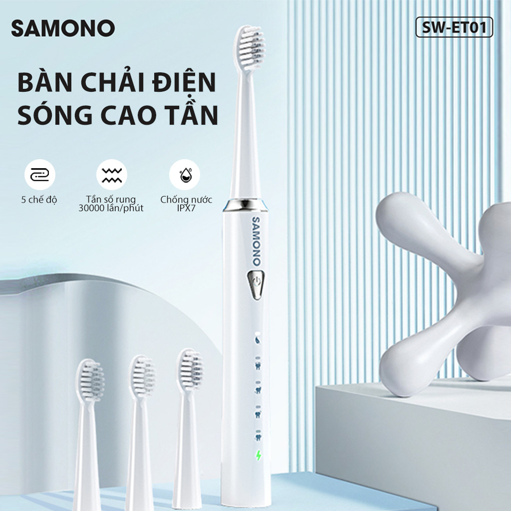 Bàn chải điện Samono Tần số rung 30000 lần/ phút 5 chế độ đánh răng chống nước IPX7 dung lượng pin lớn SW-ET01 HÀNG CHÍNH HÃNG
