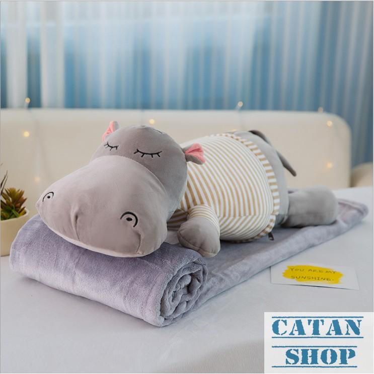 Gối mền 3in1 Voi, Hà mã 70cm, chăn gối văn phòng, gấu kèm mền nỉ nhung siêu mịn
