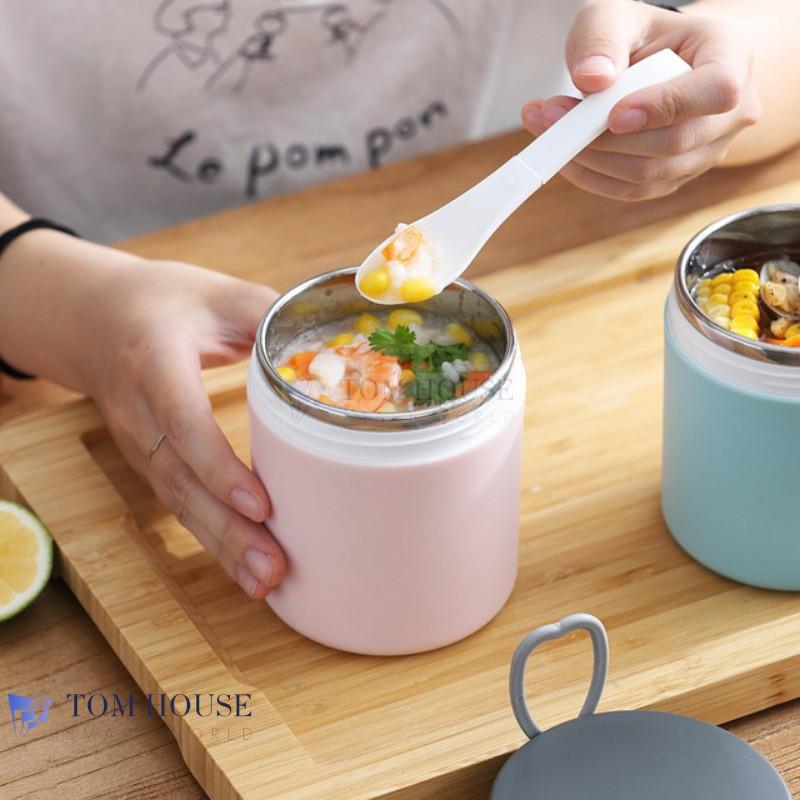 Cốc Đựng Cháo Kèm Muỗng Và Túi Giữ Nhiệt, Hộp Đựng Cháo Canh Soup Bền Đẹp Có Tay Xách Nắp Đậy