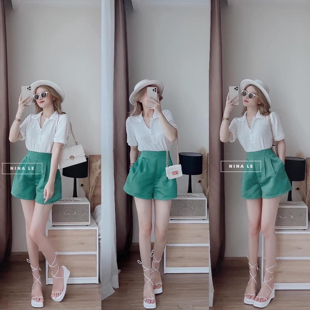 Bộ đồ nữ sang chảnh Set áo phông trắng cổ bẻ polo mix quần short ống rộng tacta xanh ngọc thời trang