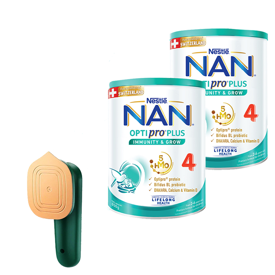 Bộ 2 Lon Sữa Bột Nestlé NAN OPTIPRO PLUS 4 850g/lon với 5HMO Hỗ trợ Đề Kháng - Tiêu Hóa - Trí Não &amp; Chiều Cao (Dành cho trẻ từ 2-6 tuổi) - Tặng Bàn là hơi nước màu xanh