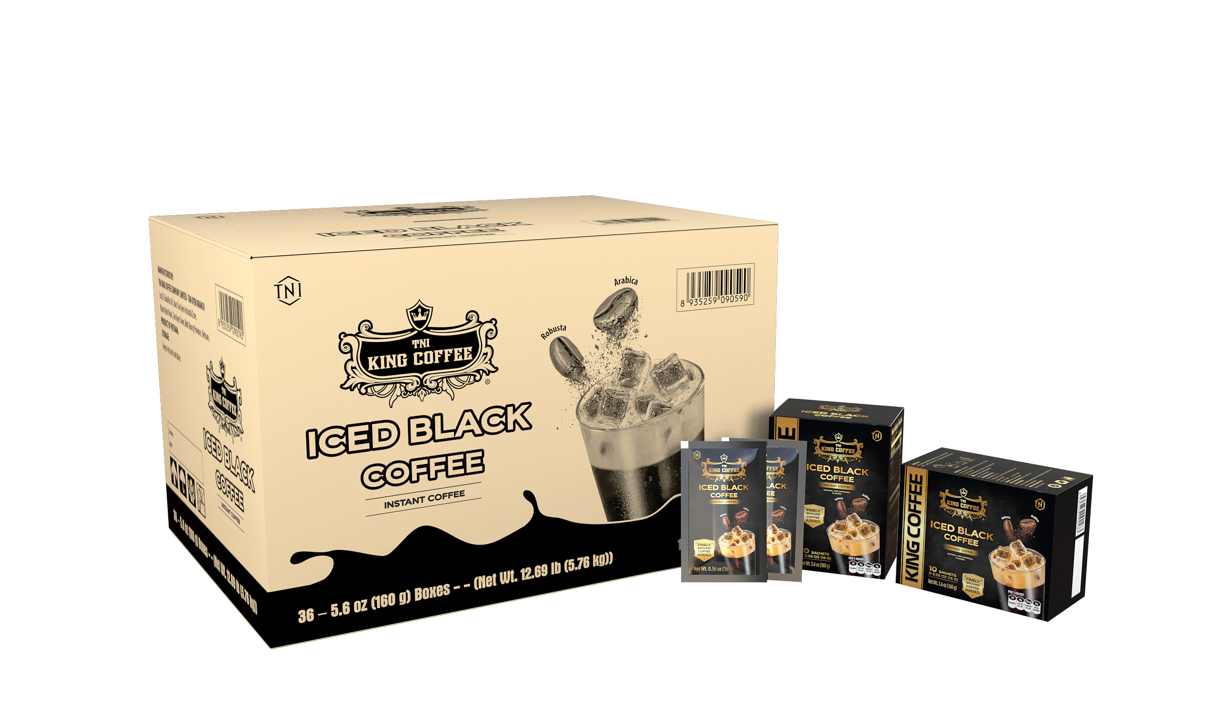 King Coffee Cà Phê Hòa Tan Đen Đá - Có Đường - Hộp 160g (10 gói x16g) Mạnh như cà phê rang xay