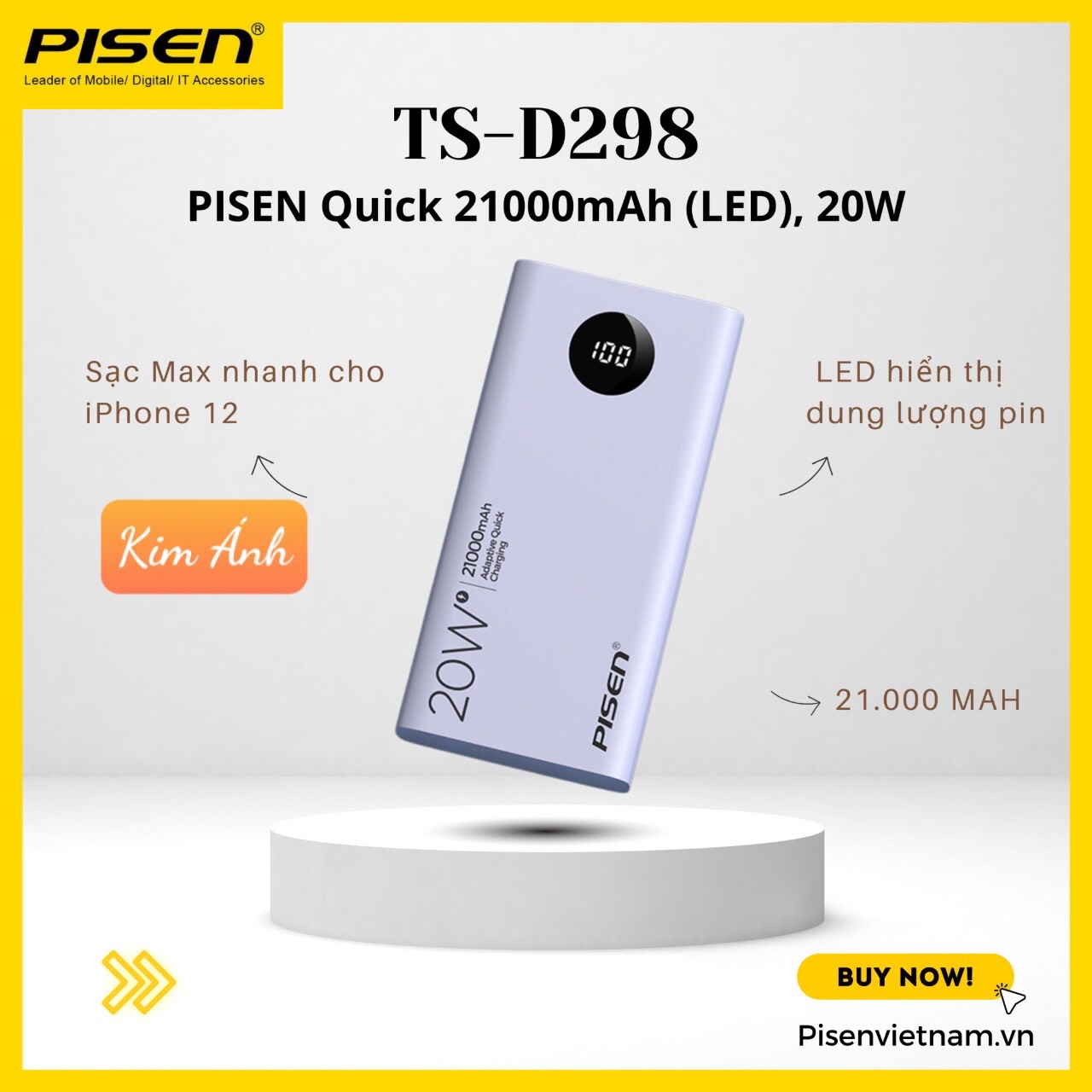Sạc dự phòng PISEN PRO PowerU 21000mAh,  20W có đèn Led hiển thị pin, sạc cùng lúc 3 thiết bị, Hàng chính hãng