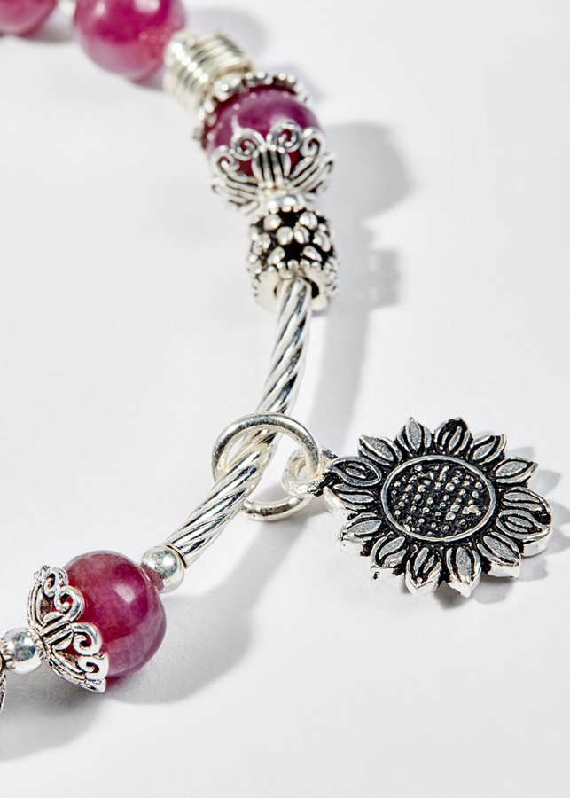 Vòng Tay Phong Thủy Nữ Đá Ruby Phối Charm Hoa Hướng Dương Bạc Mệnh Hỏa, Thổ Ngọc Quý Gemstones