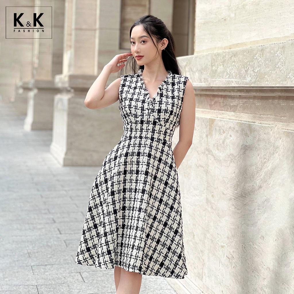 Đầm Xòe Cổ V Vải Tweed K&amp;K Fashion KK130-20 Sát Nách