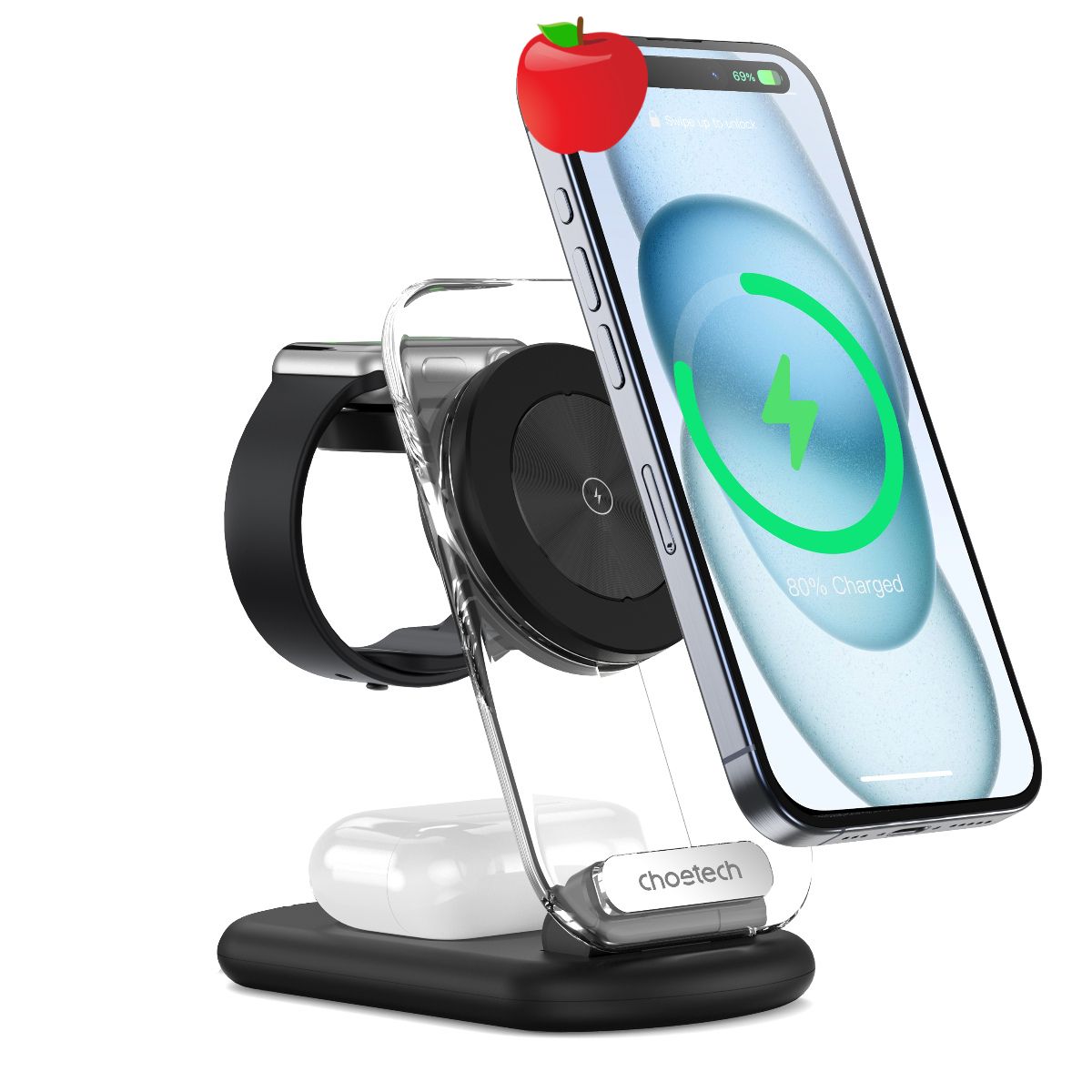 Đế sạc không dây Magnetic 3 in 1 xếp gọn 15W Choetech T618 trong suốt có đèn - Hàng chính hãng