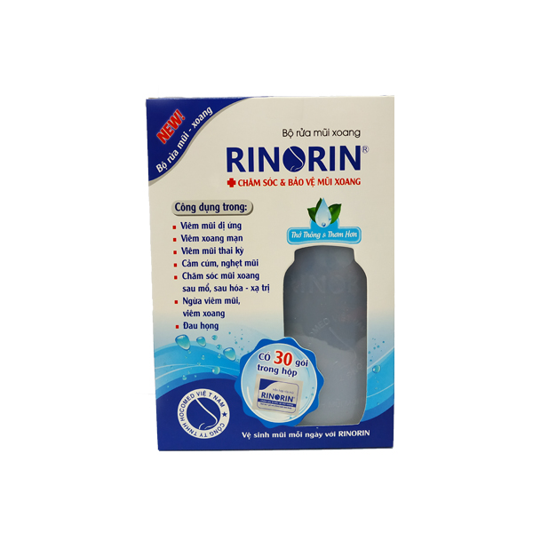Bộ bình rửa mũi xoang thương hiệu RINORIN kèm 30 gói hỗn hợp cho người lớn và trẻ em dung tích 250ml