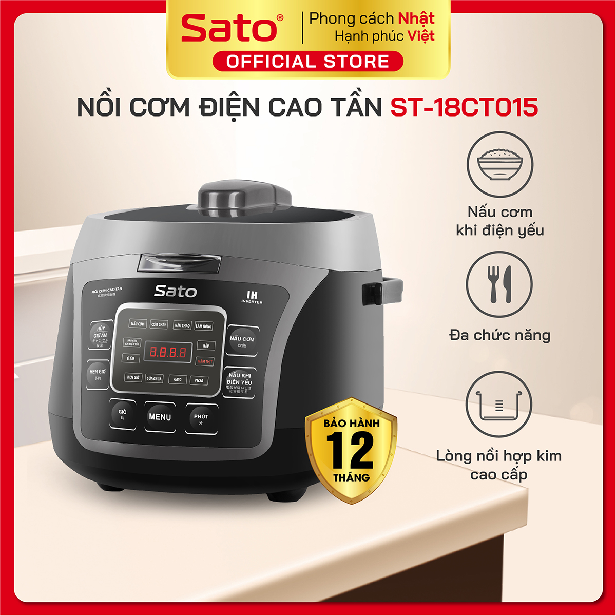 Nồi cơm điện cao tần Sato ST-18CT015 màu đen xám 1.8L , nồi cơm áp suất cao đa năng nấu các loại gạo, nấu cháo, súp, hâm nóng, làm bánh, nồi cơm chống dính cao cấp, công nghệ cao tần Nhật Bản - Miễn phí vận chuyển toàn quốc - Hàng chính hãng