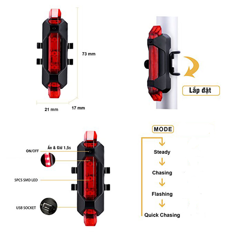 Đèn 5 LED Cảnh báo sau Xe Đạp giúp đạp xe an toàn ban đêm 4 chế độ sáng (Đèn Đỏ) Mai Lee - Hàng chính Hãng