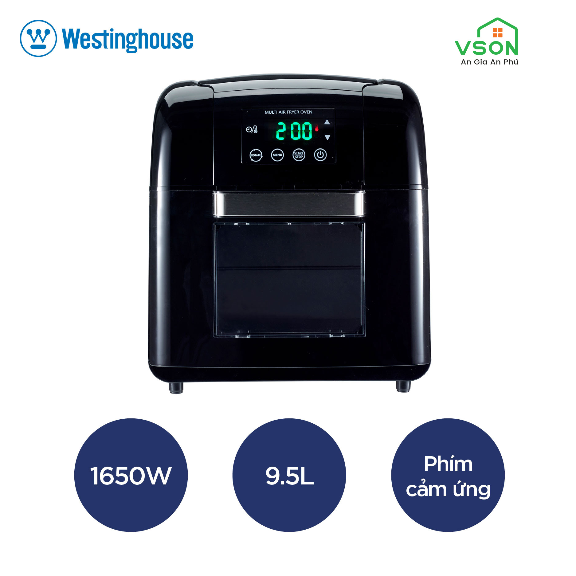 Nồi chiên không dầu Air Fryer WestingHouse WKAF1610 Dung tích lớn 9.5L Công suất 1650W - Hàng chính hãng Mỹ