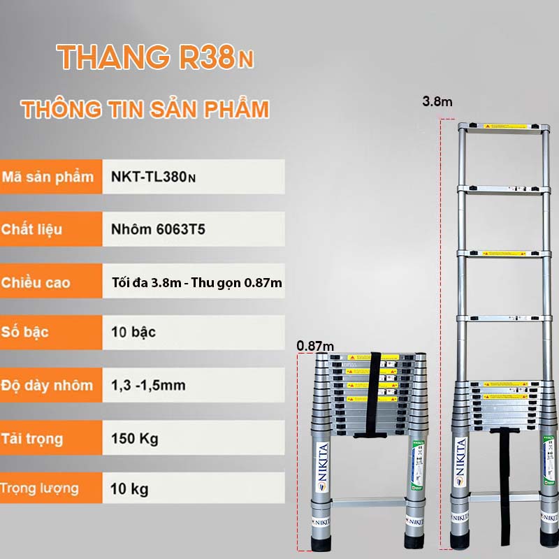 Thang Nhôm Rút Đơn - Đai Bọc Nhôm NIKITA - Nút Khoá Tự Động - Nhôm 6063 chuyên dụng, cứng cáp, chắc chắc, không gỉ