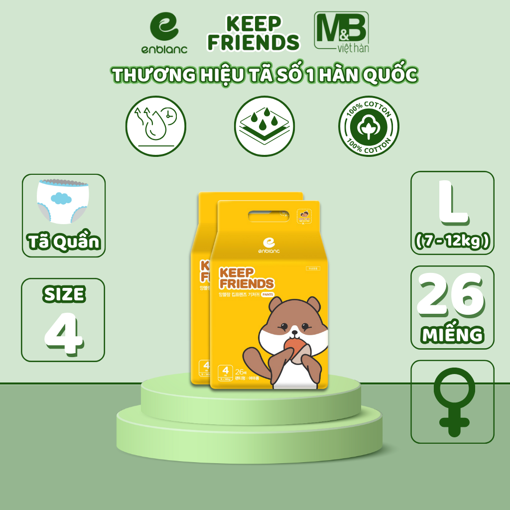 Combo 2 Bịch Tã Bỉm Quần Hàn Quốc Enblanc Keep Friends Chống Tràn, Thấm Hút Nhanh Cho Bé Gái Size L 26 Miếng