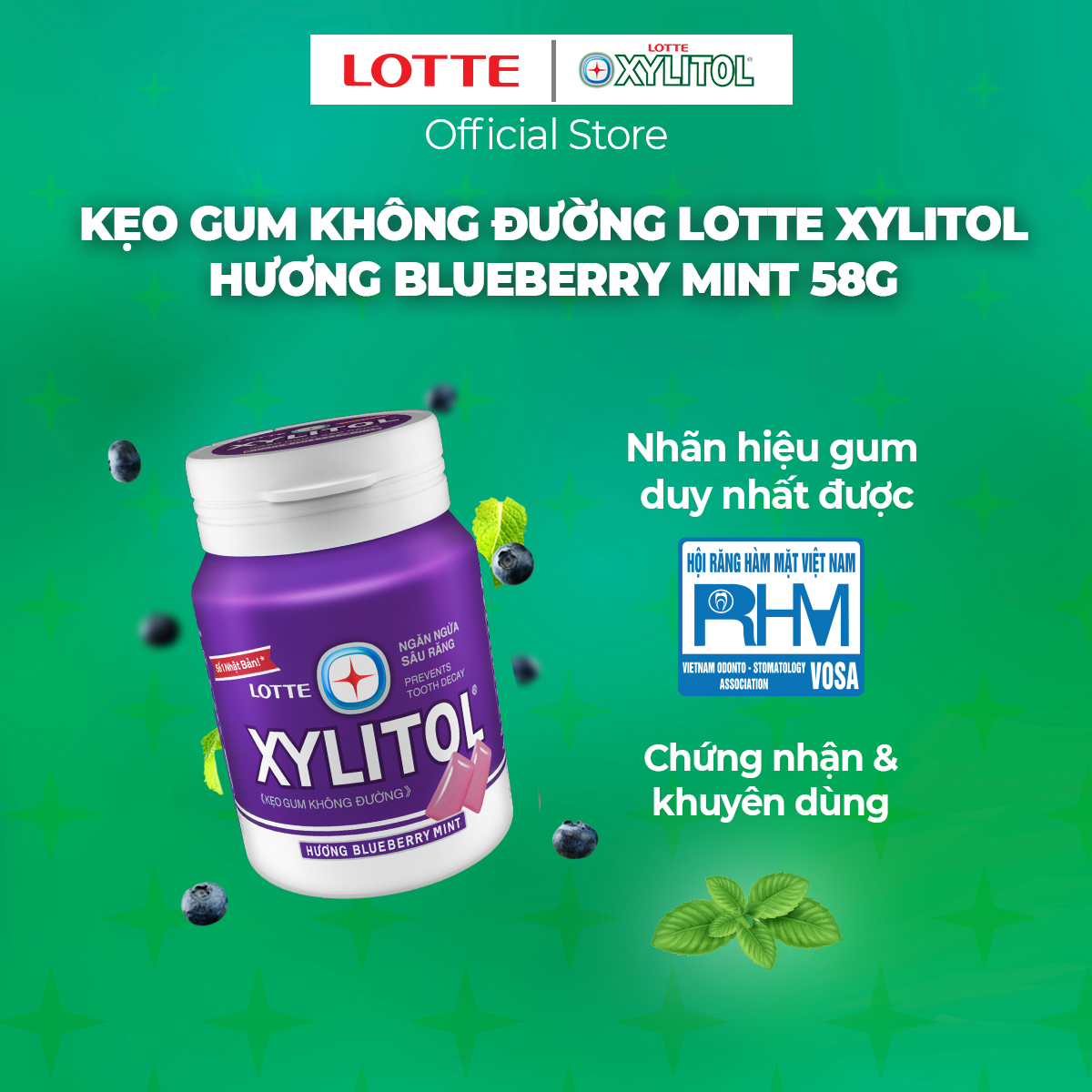 Combo 6 Kẹo Gum không đường Lotte Xylitol - Hương Blueberry Mint 55.1 g