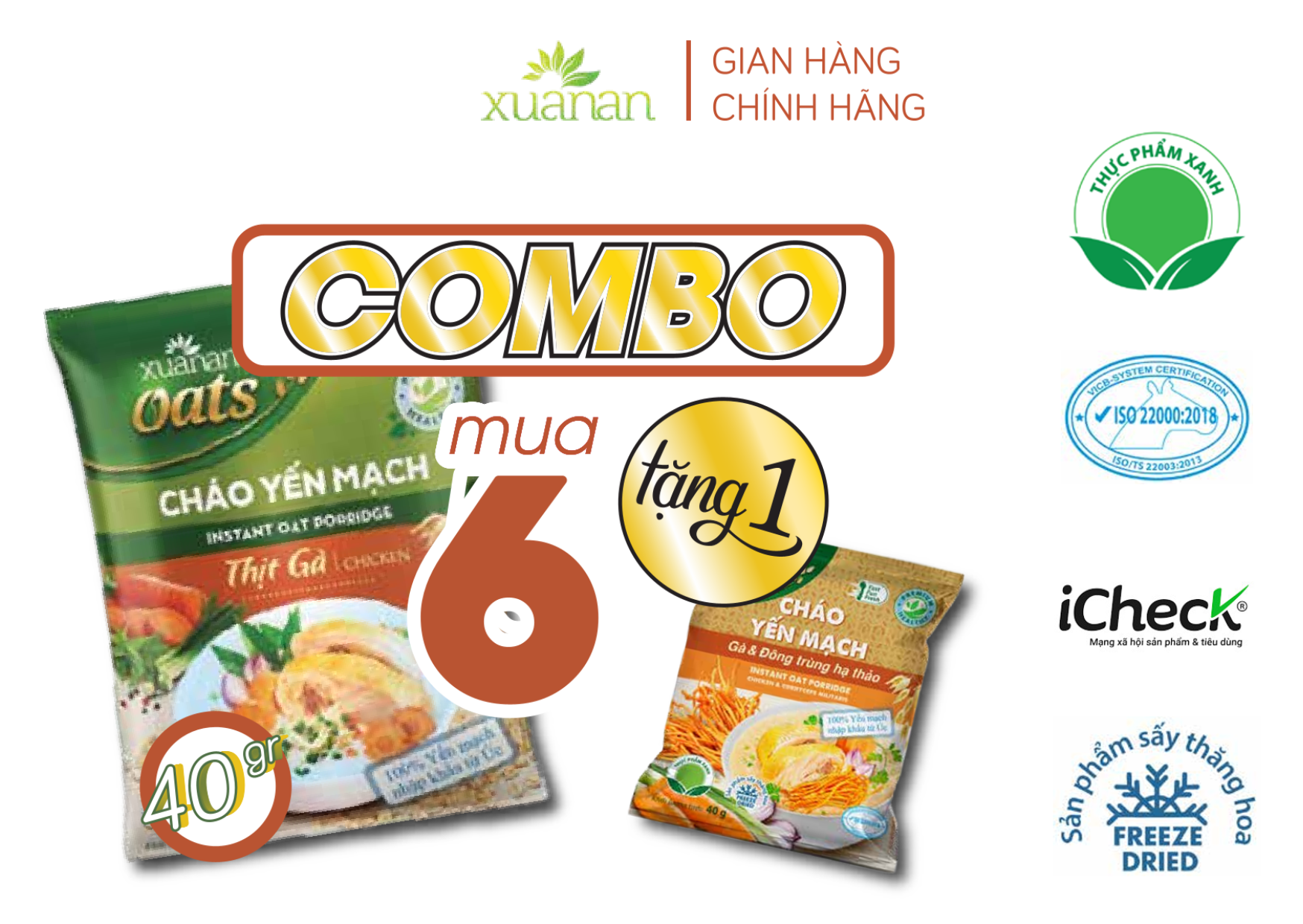 Combo 6 Gói Cháo Yến Mạch Thịt Gà Xuân An 40G