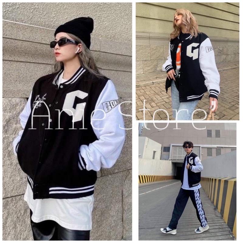 Áo Bomber Thêu Chữ G  Áo Khoác Nỉ Unisex Dáng Thụng Tay Phối Màu